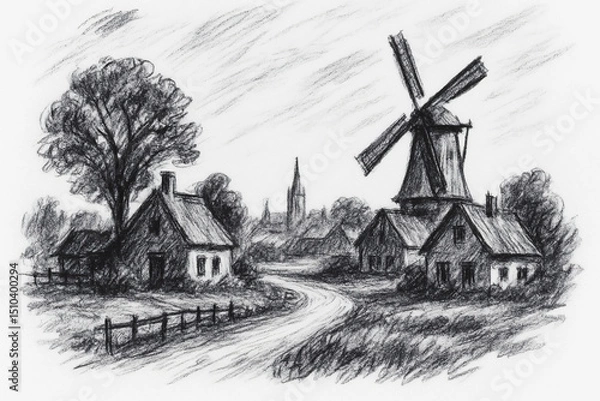 Fototapeta Fictional Dutch village in traditional style - Charcoal drawing on white paper showing an idealized countryside scene with windmill and cottages, evoking peaceful life in Holland