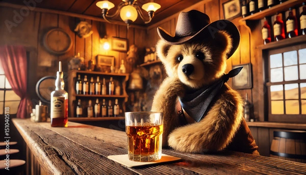 Obraz A cowboy bear wearing a cowboy hat with a glass of whiskey, sitting at the rustic wooden bar in an old-fashioned Western saloon