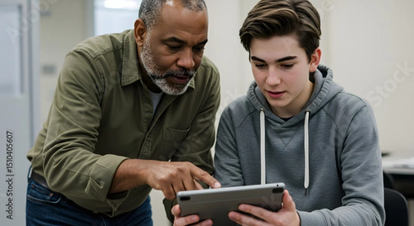 Fototapeta Older Man and Young Boy Using Tablet in Indoor Setting