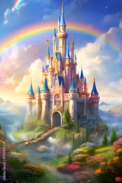 Fototapeta Enchanted fairy tale castle under a rainbow in a mystical landscape