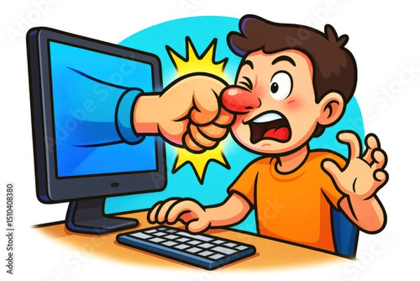 Fototapeta Boy punched through the screen. The image symbolically shows how physical violence is metaphorically replaced by cyberbullying and digital attacks.