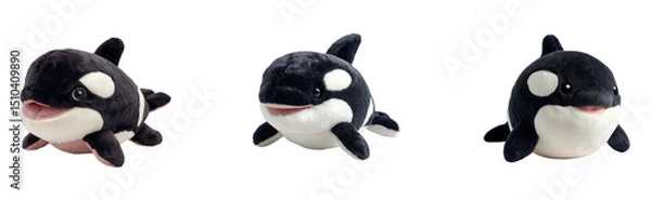 Fototapeta A full-body plushie of a smiling orca with a round belly and gentle eyes, posed on a transparant background.