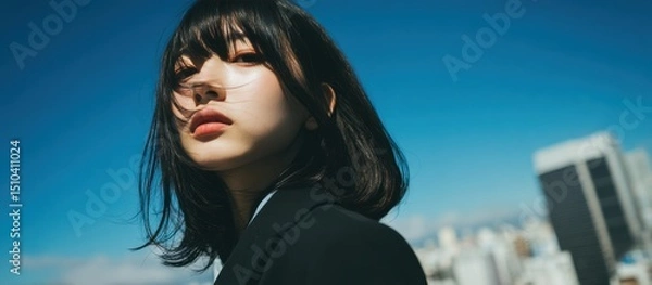 Obraz A woman with long black hair and a black jacket is looking up at the sky
