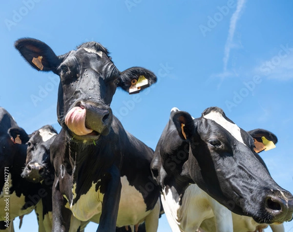 Fototapeta curious black and white spotted cows in green meadow with yellow spring flowers under blue sky