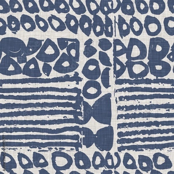 Fototapeta French blue abstract scribble linen seamless pattern. 2 tone country cottage style motif. Simple vintage rustic farmhouse fabric textile effect. Primitive modern shabby chic furnishing cloth design