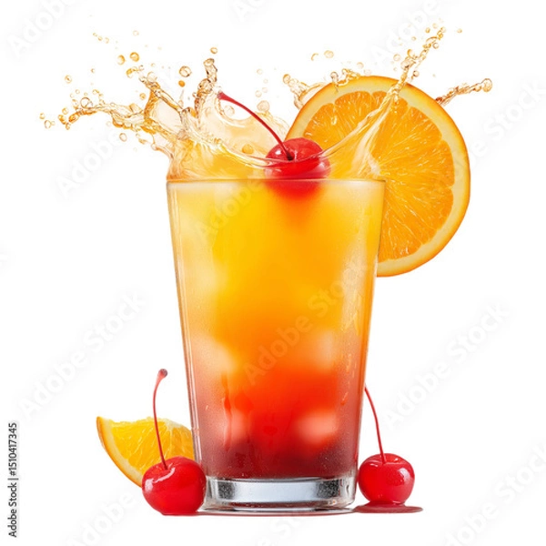 Fototapeta refreshing cocktail with fruit slices and ice isolated on white background