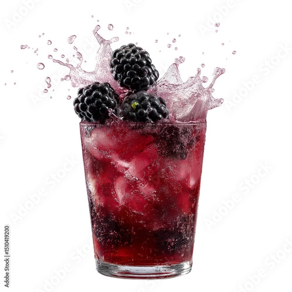 Fototapeta refreshing blackberry drink with splash from the glass isolated on white background