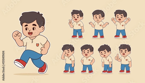 Fototapeta Cartoon Illustration of Boy with Different Expression and Pose.