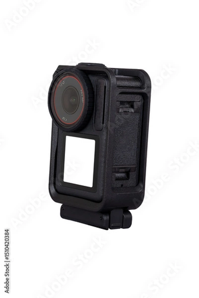 Fototapeta black action camera in protective case on transparent background