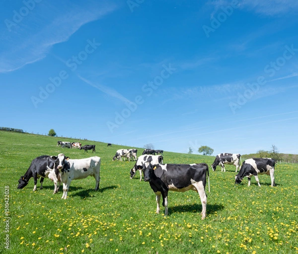 Fototapeta curious black and white spotted cows in green meadow with yellow spring flowers under blue sky