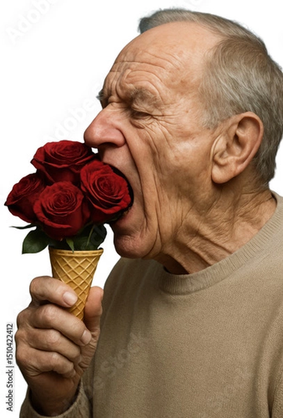 Fototapeta Elderly man eating roses from a cone, transparent background png