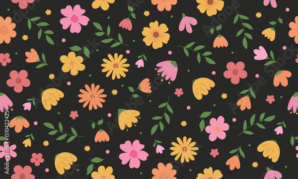 Obraz Hand drawn colorful floral spring seamless pattern vintage style on black background