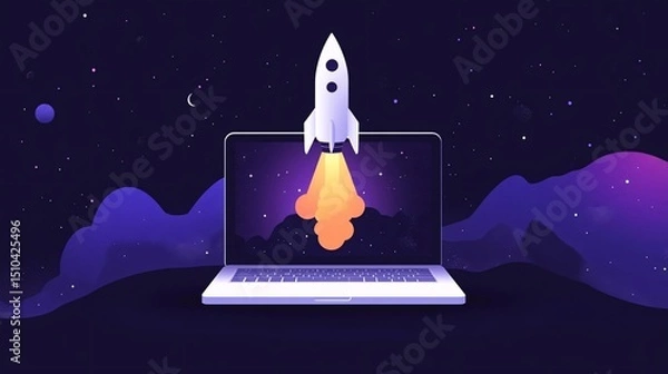 Obraz rocket launching from a laptop on a colorful dark background, symbolizing rapid technological progress and IT industry development
