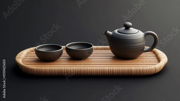 Obraz traditional black tea set with cups and kettle on a bamboo wooden tray captured in elegant soft lighting against a dark background