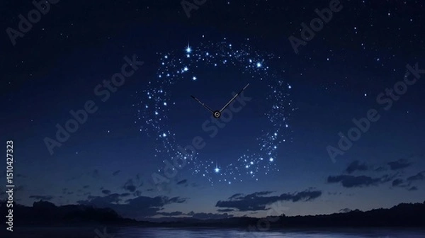 Fototapeta Night Sky with Clock Design Created by Stars in Cosmic Landscape Over Water Reflection at Twilight, Emphasizing Time and Nature's Beauty in a Serene Atmosphere