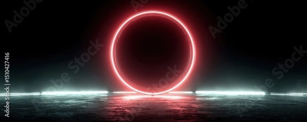 Fototapeta Red neon glowing circular light ring on reflective black surface