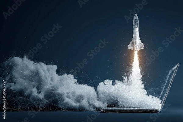Fototapeta Rocket emerging from a laptop symbolizing innovation and technology
