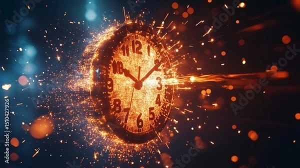Fototapeta Stunning Artistic Clock Representation with Explosive Sparks and Glowing Lights, Capturing the Essence of Time and Movement in a Dynamic Visual Composition