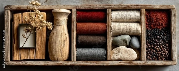 Fototapeta Interior mood board with fabrics, materials, and minimalistic decorative elements