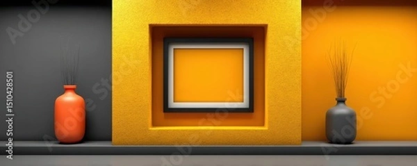 Fototapeta Modern minimalist interior with vases and bold yellow wall art display