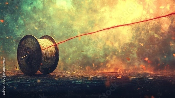 Fototapeta A Single Spool of Thread on a Rustic Table Against a Colorful Abstract Background with Soft Light and Floating Particles in the Atmosphere
