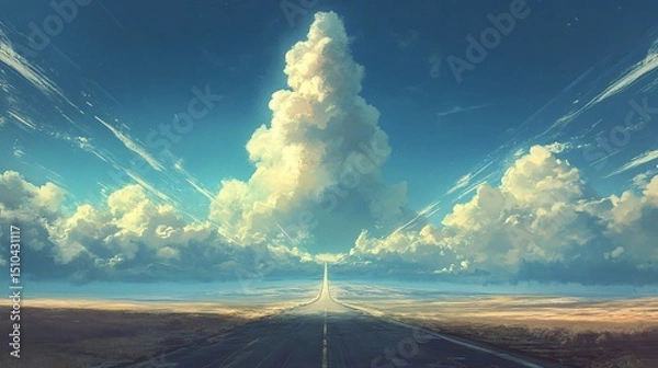 Fototapeta Majestic Open Road Under a Vibrant Sky Filled with Dramatic Clouds and Sunlight, Inviting Journey Towards a Bright Future or Adventure Ahead