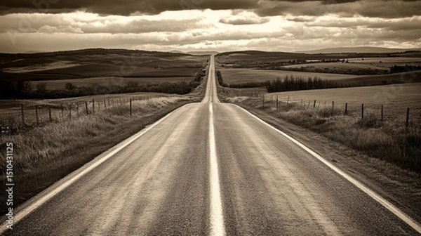Fototapeta Serene Open Road Stretching into Distance with Dramatic Clouds and Rolling Fields Under a Moody Sky Captured in Warm Monochrome Tones