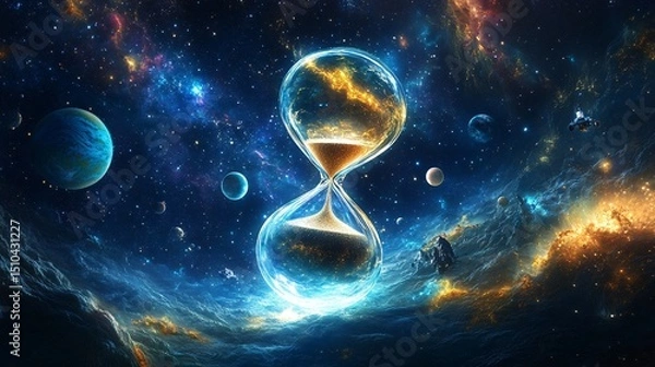 Fototapeta Ethereal Hourglass in Cosmic Space, Symbolizing Time and Infinity with Colorful Galaxies, Planets, and Star Clusters in the Background of a Stunning Universe