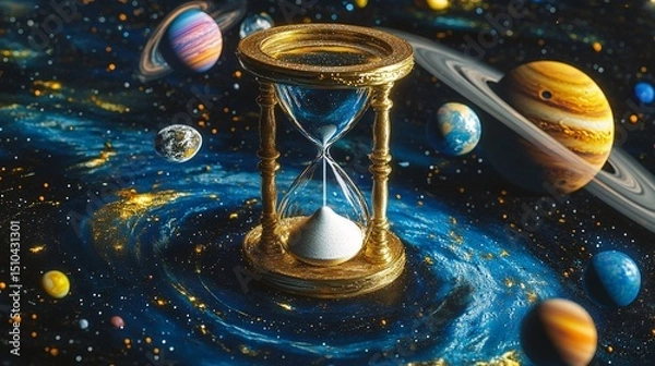 Fototapeta Stunning Hourglass in Cosmic Space with Planets and Stars, Symbolizing Time Passing and the Endless Universe Filled with Wonders and Mysteries