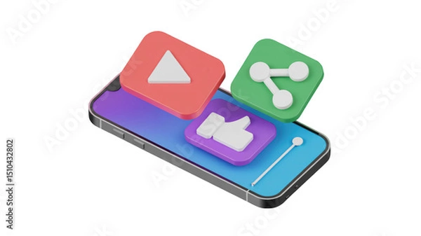 Fototapeta 3d rendering of a smartphone with social media icons floating above, including play, share, and like symbols, on a transparent background, perfect for digital marketing and social media campaigns