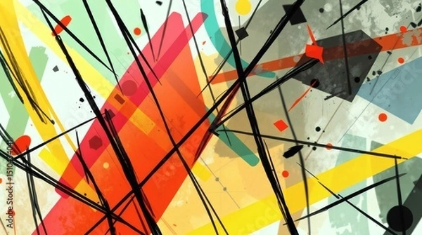 Fototapeta Abstract digital art with geometric shapes layered with linear marks. Colors include red, green, black and yellow on a grey background.