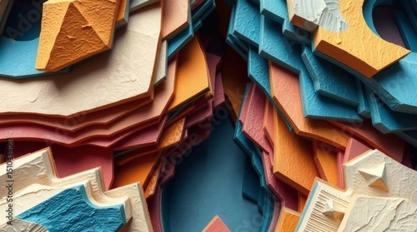 Fototapeta Abstract geometric artwork. Varied, colorful geometric shapes and patterns form a layered composition. The piece has a textured, dimensional effect.