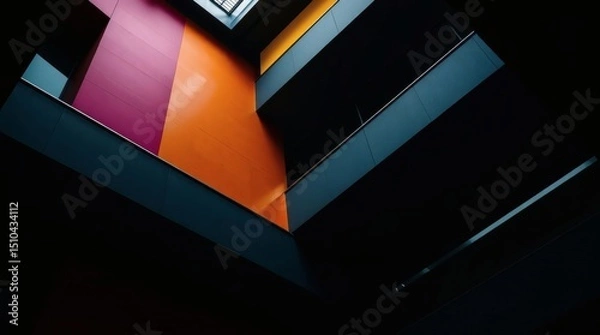 Fototapeta A low-angle view of a building's interior. Walls of purple, orange, and yellow appear to be stacked around a central open space.