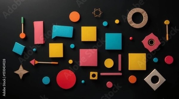 Fototapeta Scattered geometrical shapes and forms in a variety of colors are arranged on a dark gray background. This artistic image could be used as an illustration.