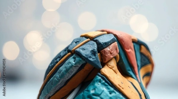 Fototapeta A geometric sculpture, possibly made of clay, is the focal point against a bokeh background. The art piece has visible textured surfaces, adding depth.