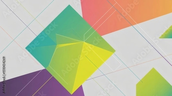 Fototapeta Colorful geometric background. A central green pyramid with orange and purple elements surrounds it with thin white geometric lines crossing the canvas.