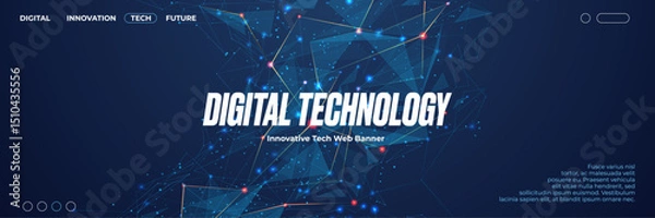 Fototapeta Abstract technology web banner design. Low poly digital plexus illustration with connected dots. Futuristic tech vector horizontal illustration suit for flyer, booklet, banner, brochure, and website. 