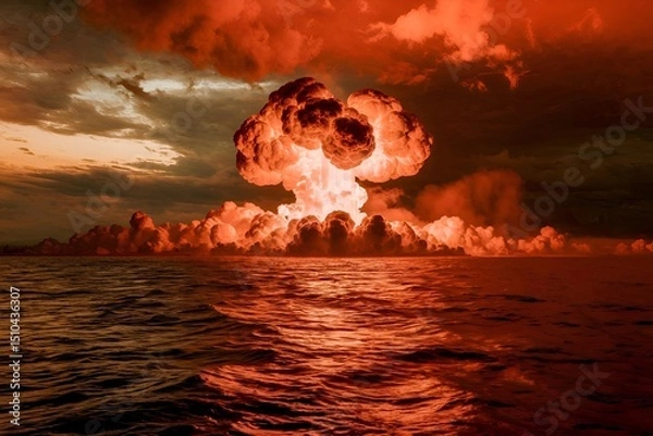 Obraz Explosion of nuclear bomb over sea. A nuclear bomb explosion causing shock waves. Explosion nuclear bomb in ocean. Atomic bomb mushroom smoke shape