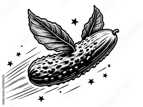 Fototapeta Cucumber pickle flying through stars, symbolizing fantasy, humor, and surreal creativity sketch engraving generative ai PNG illustration. Scratch board imitation. Black and white image.