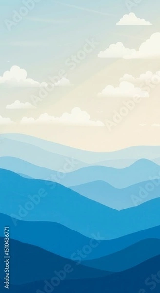 Fototapeta Turquoise mountain silhouettes with morning rays of rising sun at dawn. Abstract landscape with hills for hiking, travel and vacation. Pastel blue mountain layer in fog. Banner with copy space.