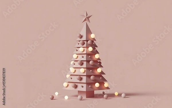 Obraz Minimalist Pink Christmas Tree with Lights and Ornaments on Pastel Background