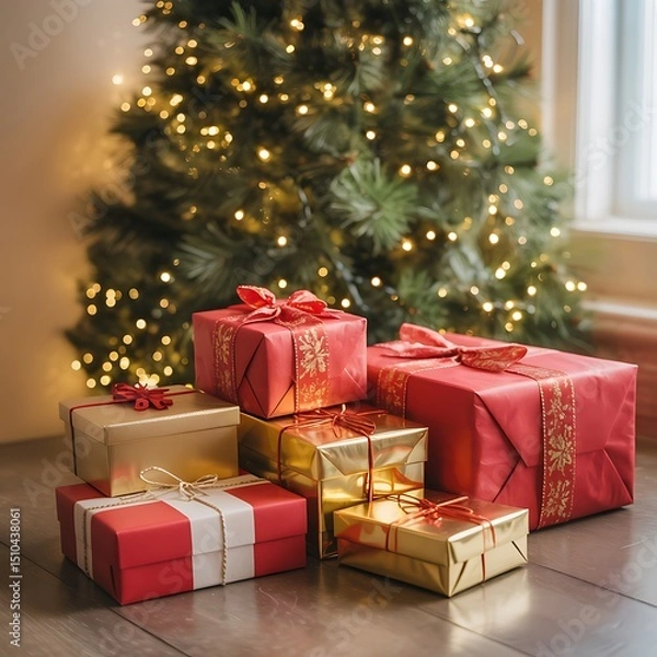 Obraz Christmas Gifts Wrapped in Red and Gold Under Decorated Tree with Holiday Lights