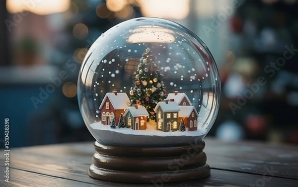 Obraz Magical Christmas Snow Globe with Holiday Village and Tree in Winter Setting