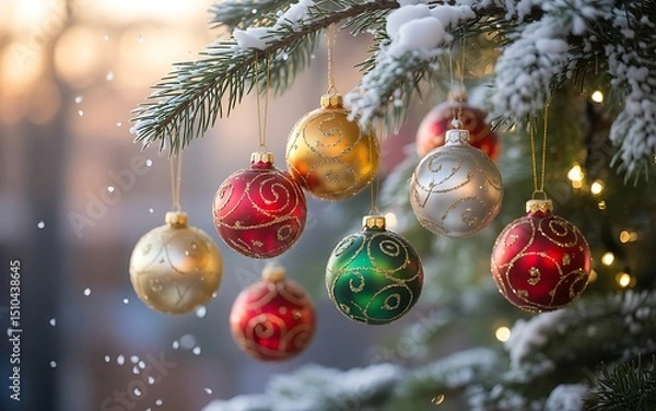 Obraz Colorful Christmas Ornaments Hanging on Snowy Tree Branch with Winter Lights