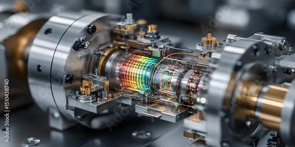 Fototapeta Macro view showcases intricate internal components of open spectrometer: polished metal, aligned mirrors, diffraction grating, wiring, vacuum elements. Cool LED.