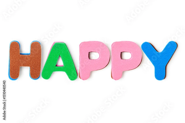 Obraz Colorful foam letters word HAPPY photography isolated on white background.