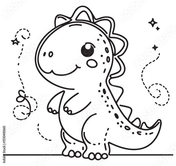 Fototapeta Simple Cute Adorable Happy Kawaii Cartoon Baby Dinosaur Black and White Outline Line Art Drawing Printable for Kids Coloring