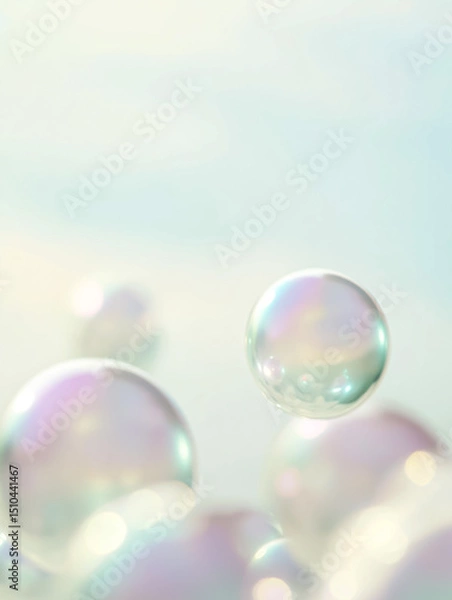 Fototapeta A dreamlike collection of soap bubbles floating gracefully in a serene atmosphere, reflecting beautiful colors.