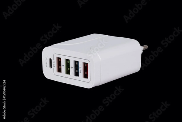 Fototapeta USB adapter for charging multiple mobile phones and modern devices on a black background