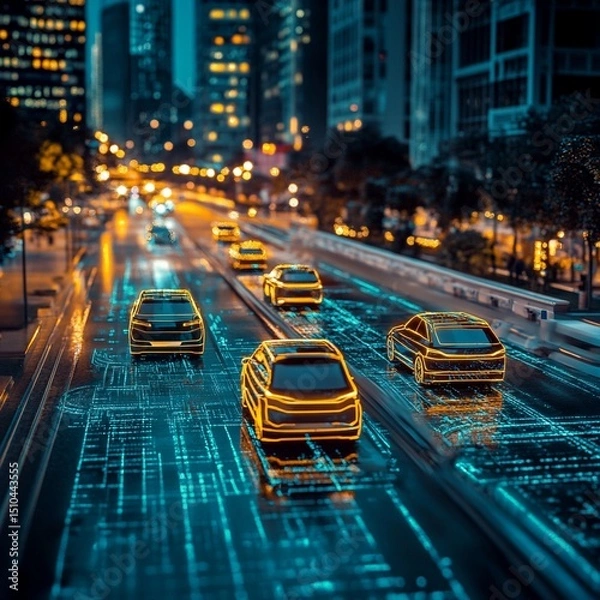 Fototapeta Futuristic Cityscape Autonomous Vehicles Night Driving Smart Road Cars Data Self Glow Neon Dark Blue